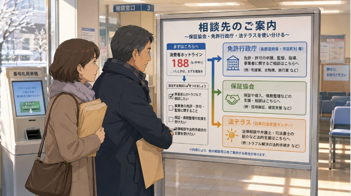 保証協会・免許行政庁・法テラスを使い分ける